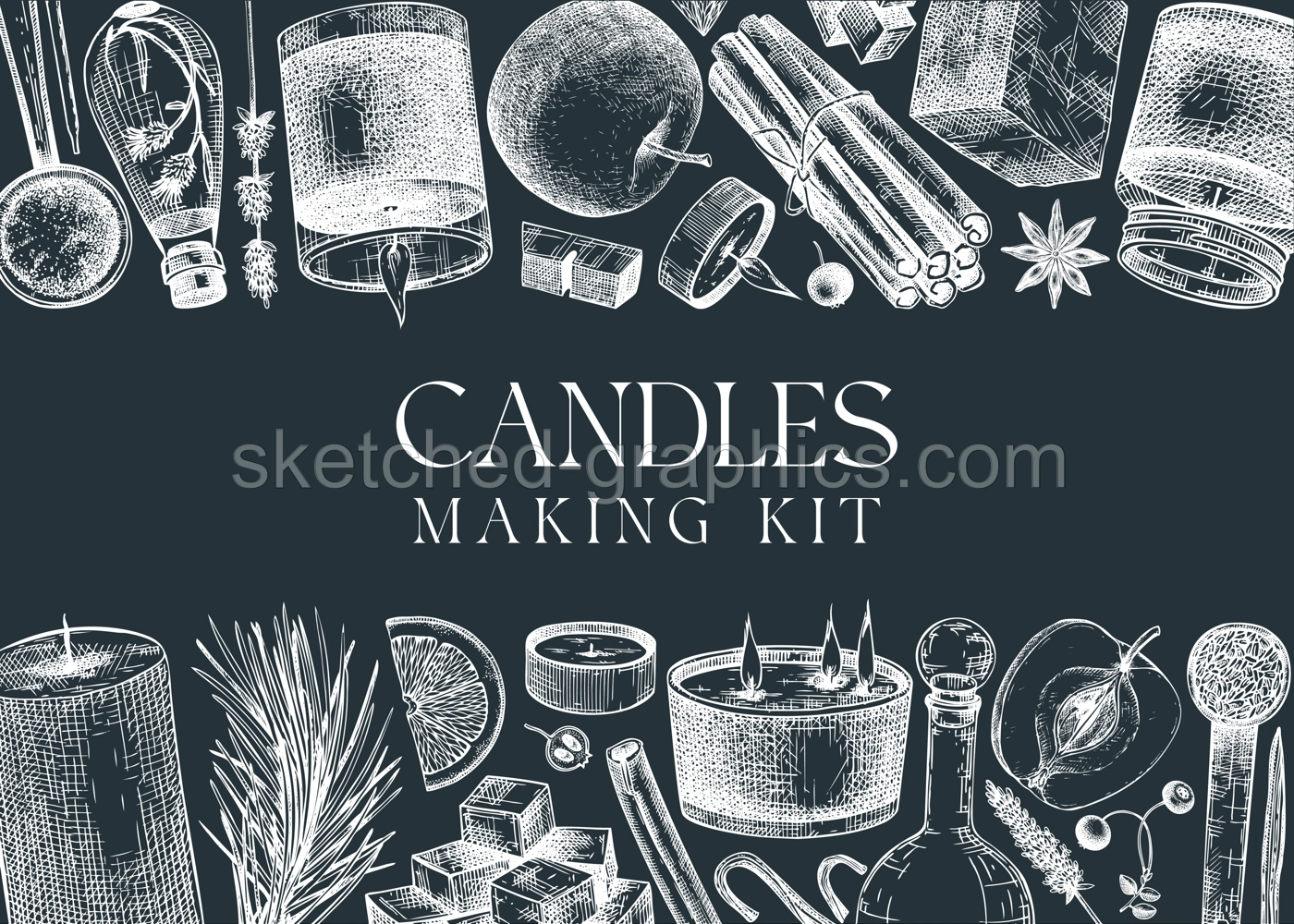 Hand-sketched aromatic candle ingredients frame on chalkboard. With candles, wax, fragrance, color, herbs, and skewers sketches. Vector design for aromatherapy, hobby, handcrafts, candle making. Illustration
